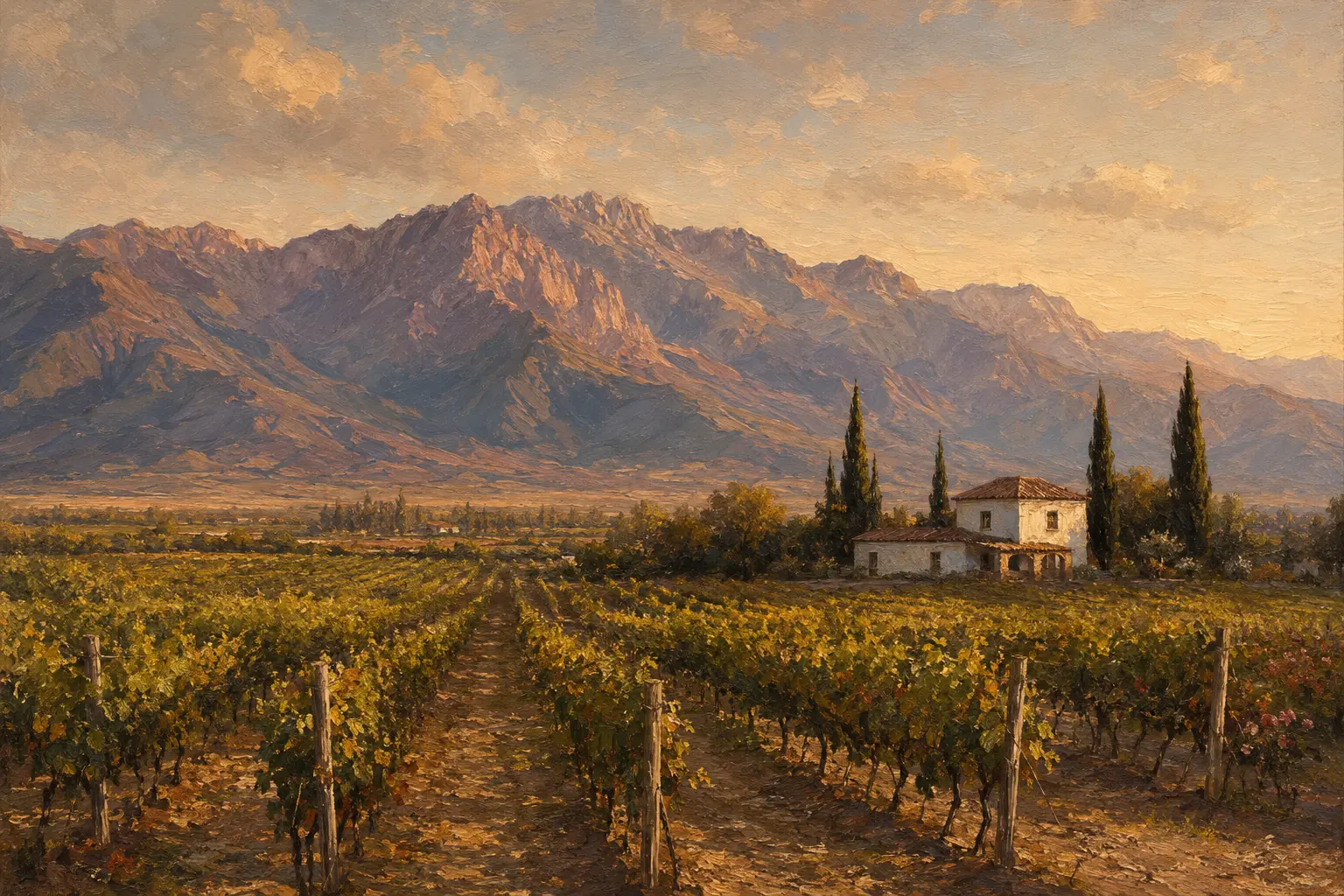 Pintura realista de un paisaje de montaña y viñedos